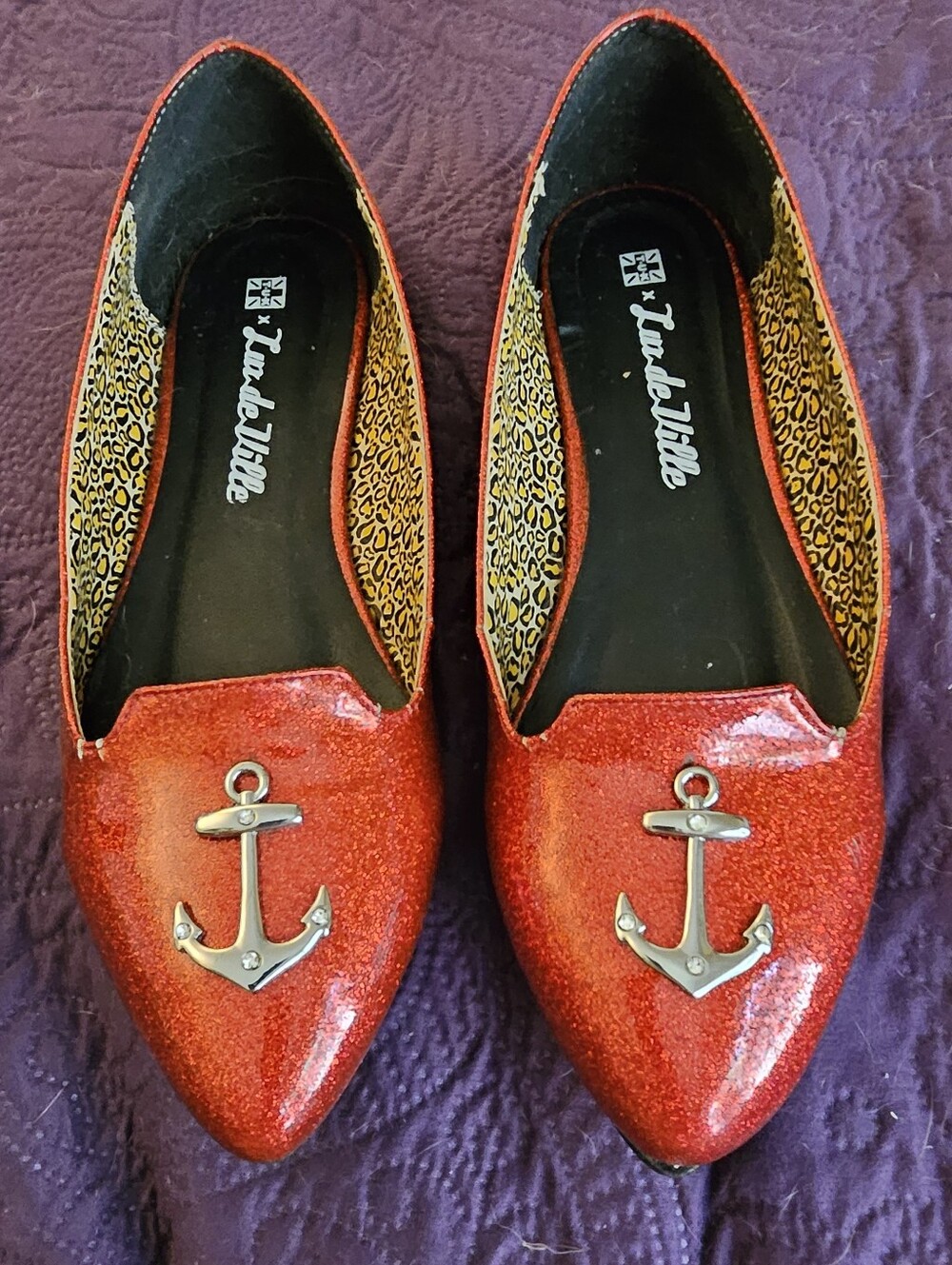 Red Glitter Pointed Flats with Silver Anchor Accent By T.U.K And Lux De Ville